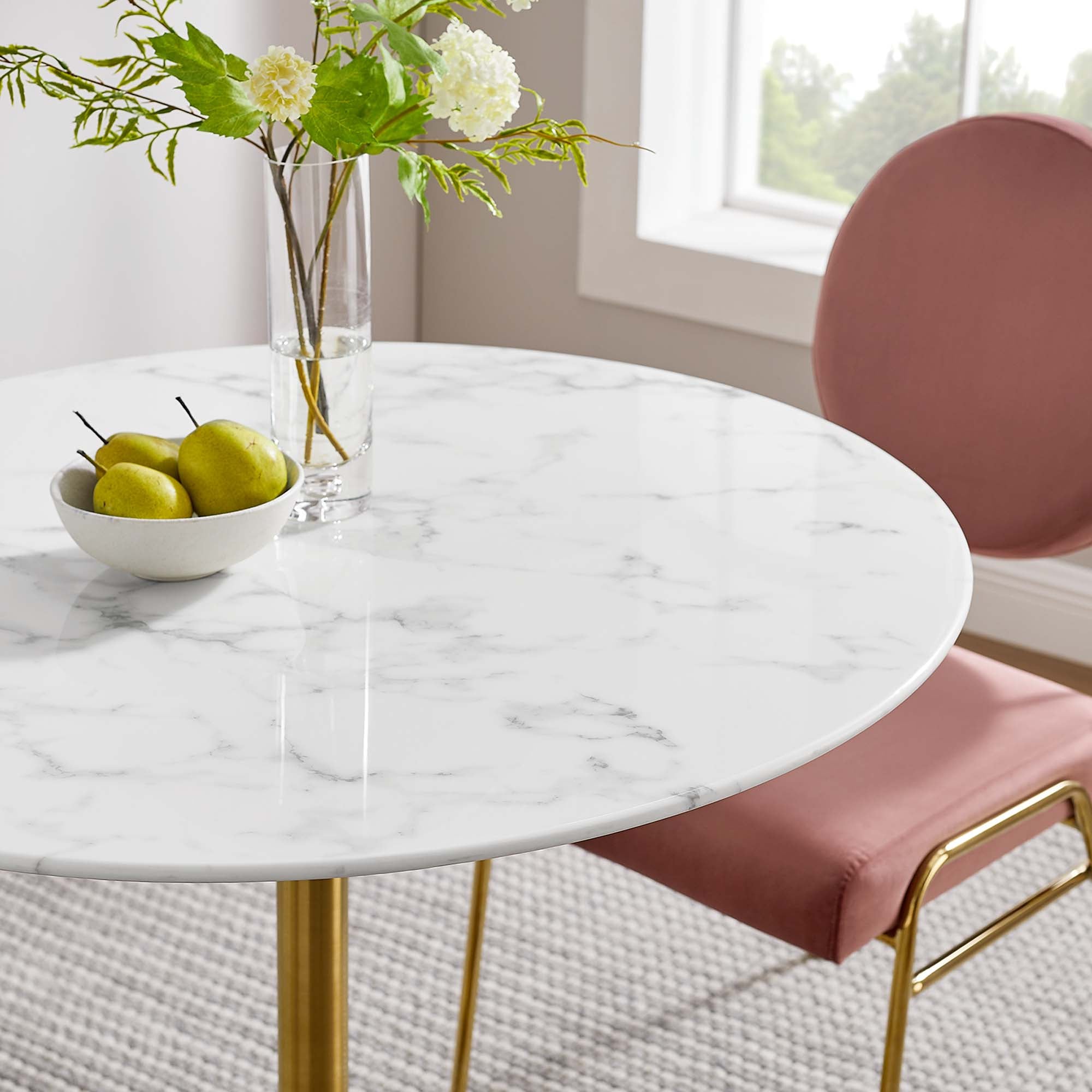 Modholic Tulip Marble Dining Table, Round - Gold Base