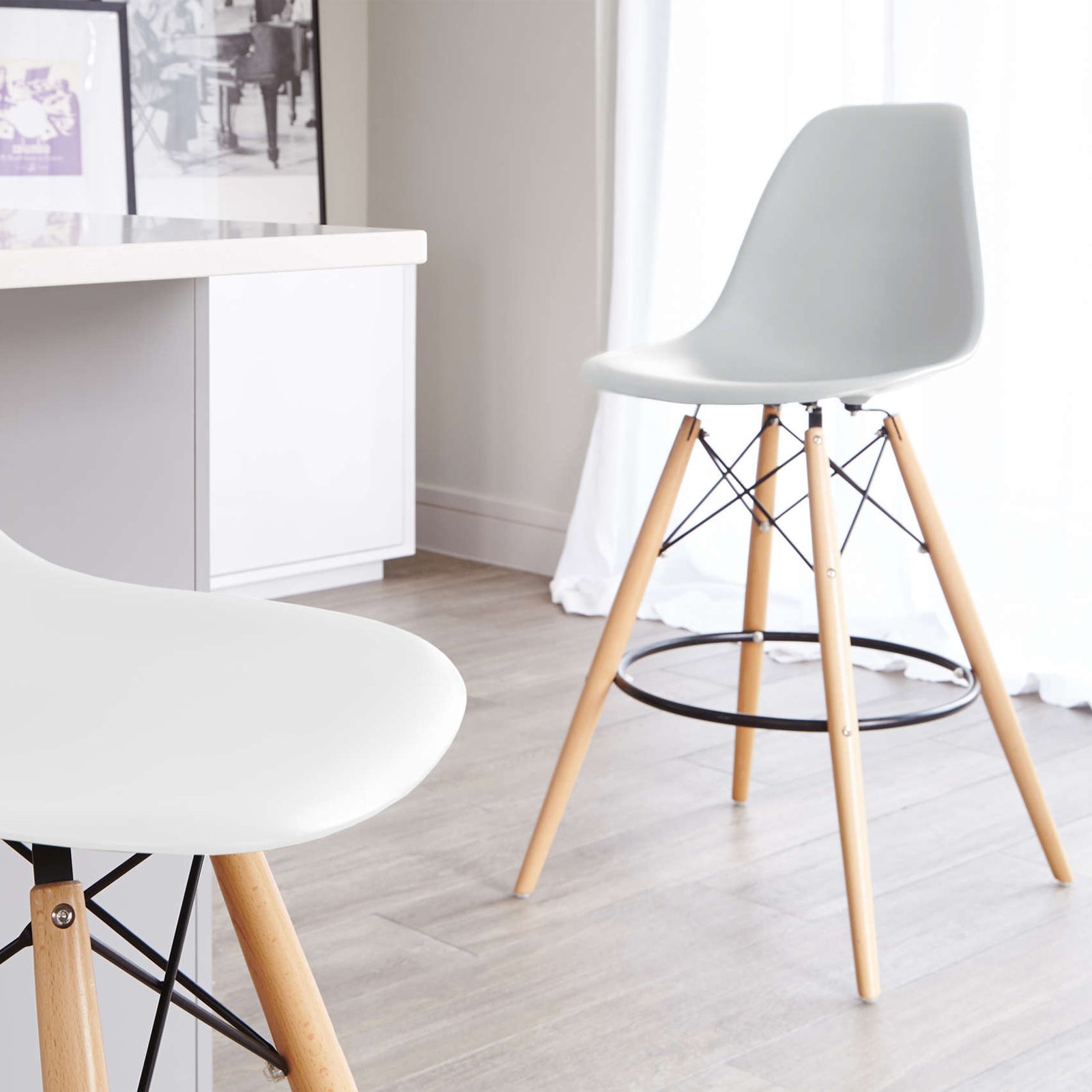 Mid-century Modern White ABS Eiffel Counter Stool with Wood