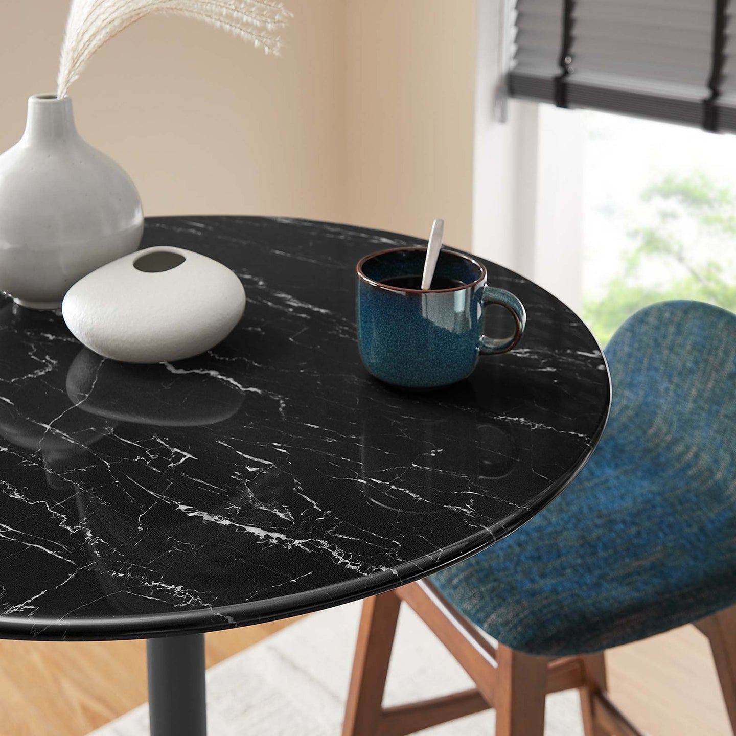 Tulip 28" Round Artificial Marble Bar Table, Black
