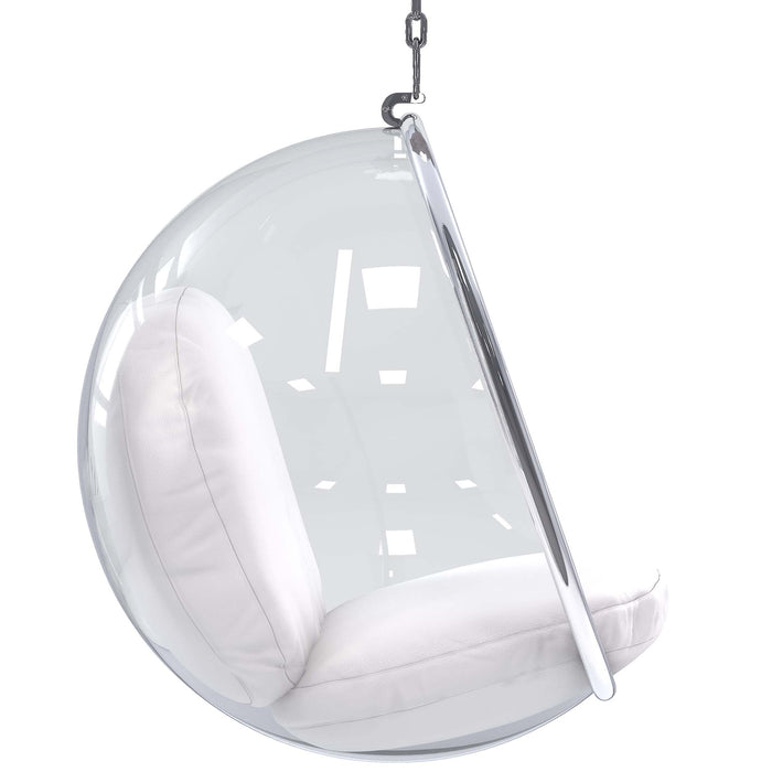 Clear Bubble Chair with White Vinyl Cushion & Chrome Chain