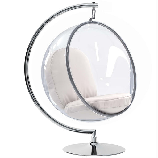 White Cushions, Hanging Bubble Chair With Stand