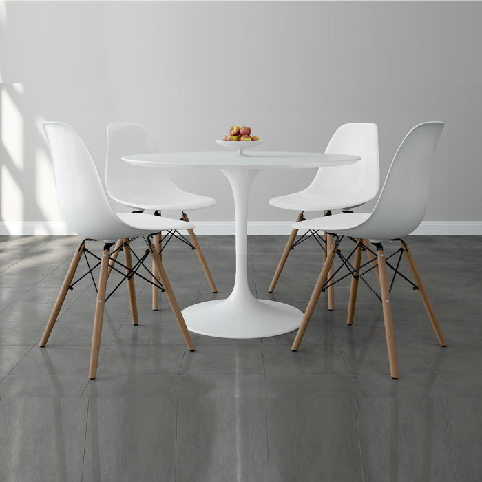 Tulip 42" Fiberglass Dining Table & Wood Leg Chairs Set